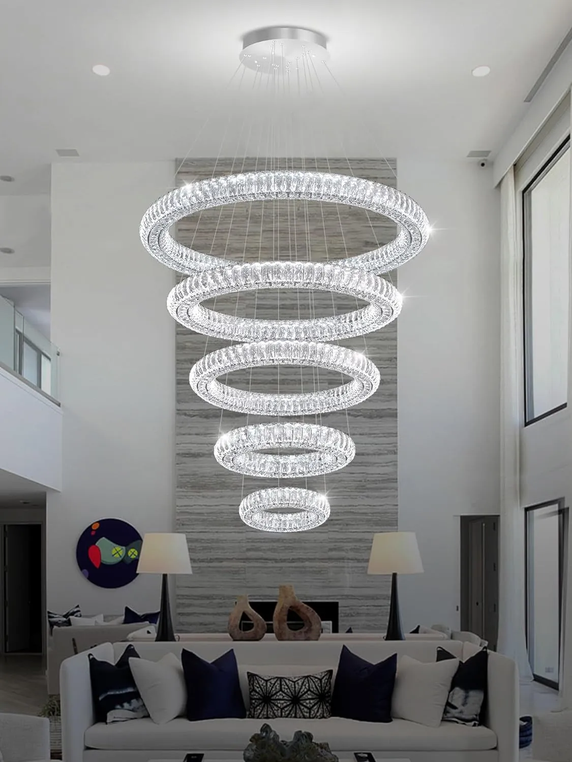 Modern Crystal Chandelier Lighting, 5 Ring Chandeliers LED Ceiling Lights Fixtures High Ceiling Foyer Chandelier for Staircase, D8'' 15.7" 23.6" 31.5" 39.4"