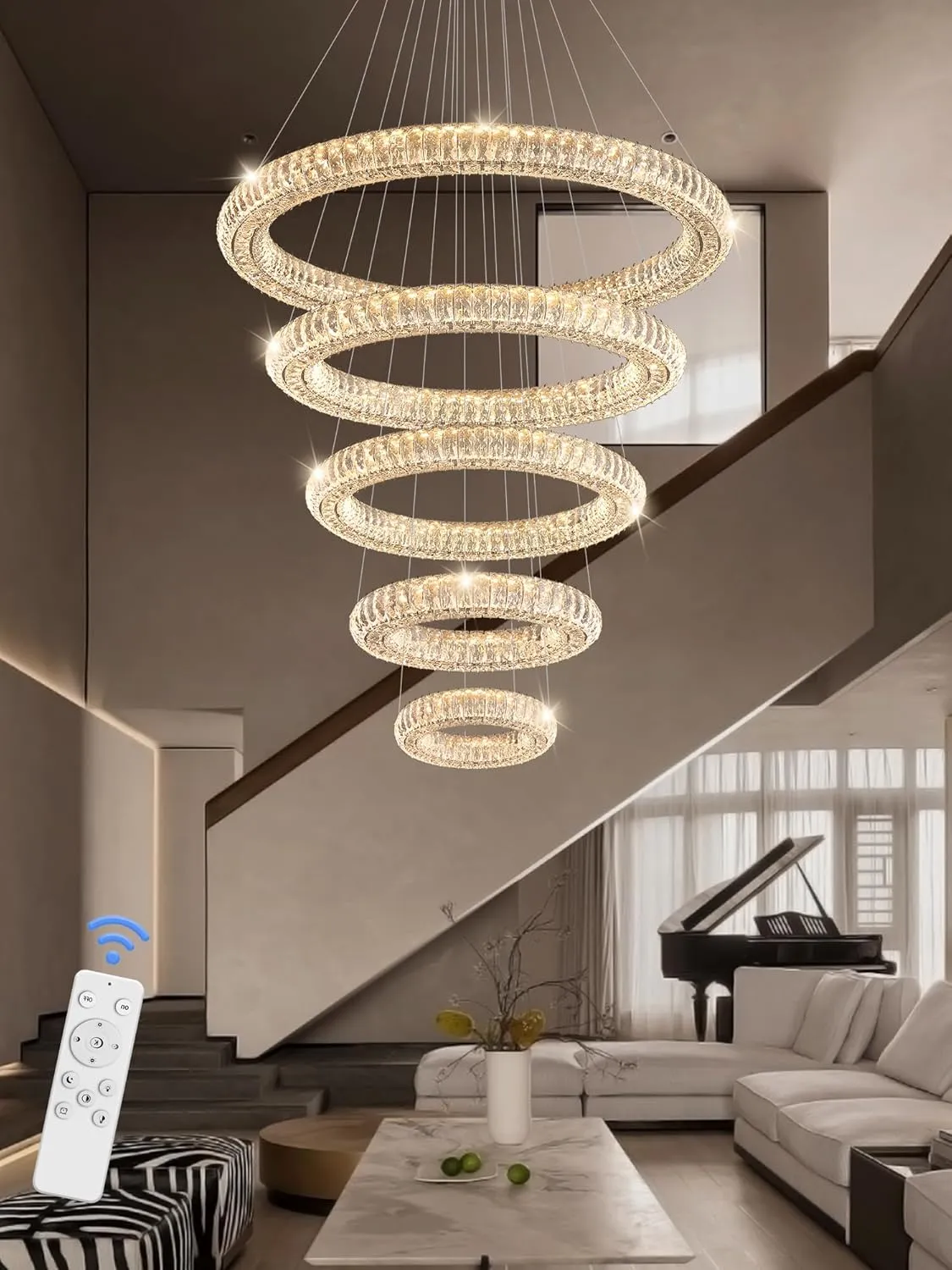Modern Crystal Chandelier Lighting, 5 Ring Chandeliers LED Ceiling Lights Fixtures High Ceiling Foyer Chandelier for Staircase, D8'' 15.7" 23.6" 31.5" 39.4"