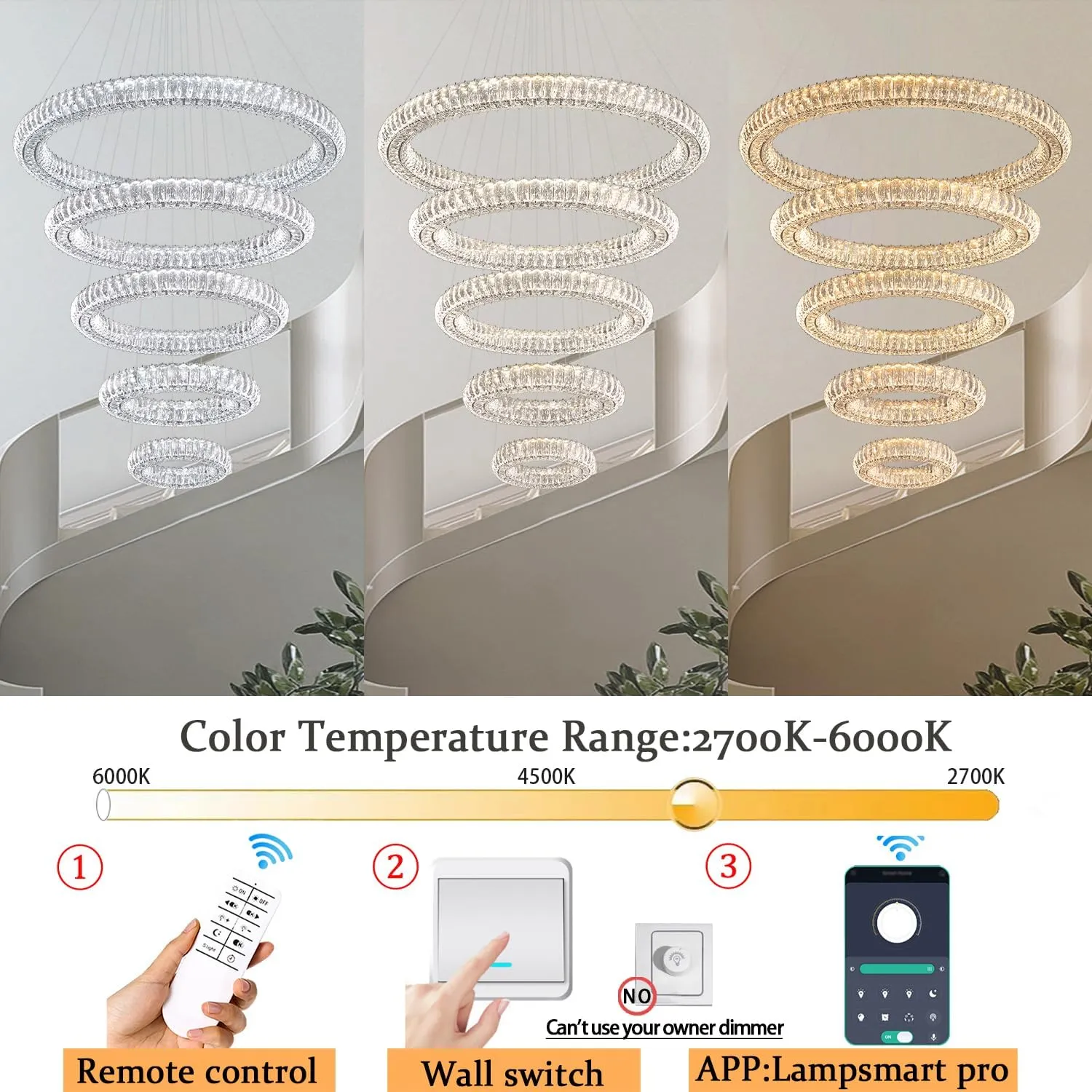 Modern Crystal Chandelier Lighting, 5 Ring Chandeliers LED Ceiling Lights Fixtures High Ceiling Foyer Chandelier for Staircase, D8'' 15.7" 23.6" 31.5" 39.4"