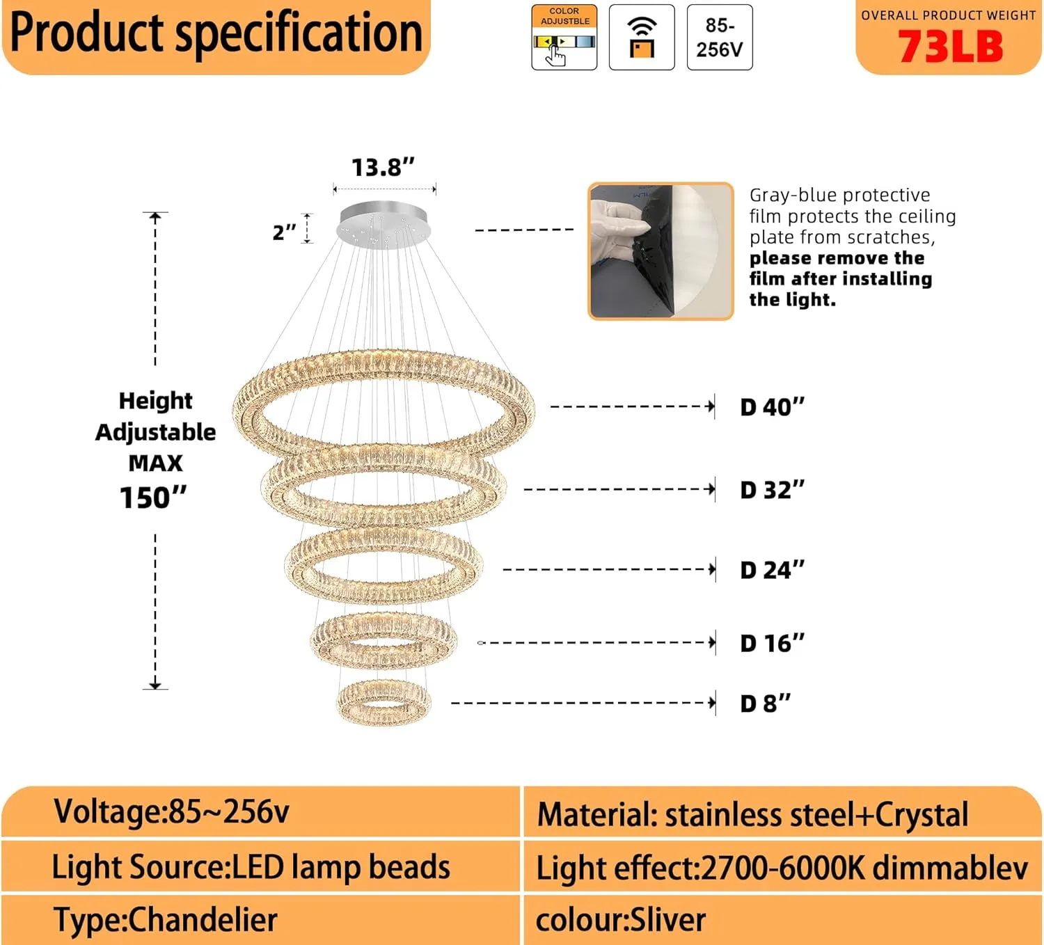 Modern Crystal Chandelier Lighting, 5 Ring Chandeliers LED Ceiling Lights Fixtures High Ceiling Foyer Chandelier for Staircase, D8'' 15.7" 23.6" 31.5" 39.4"