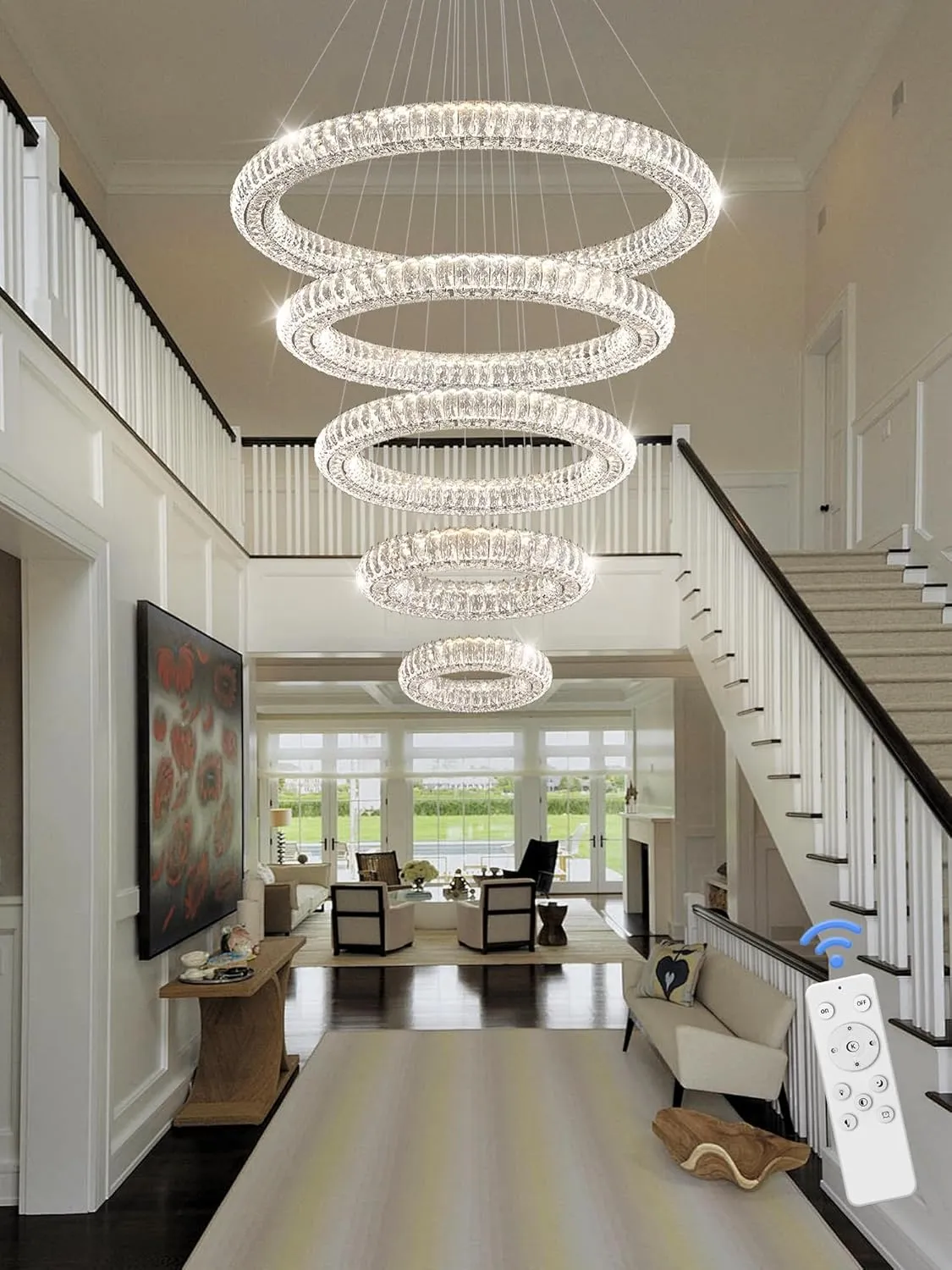 Modern Crystal Chandelier Lighting, 5 Ring Chandeliers LED Ceiling Lights Fixtures High Ceiling Foyer Chandelier for Staircase, D8'' 15.7" 23.6" 31.5" 39.4"