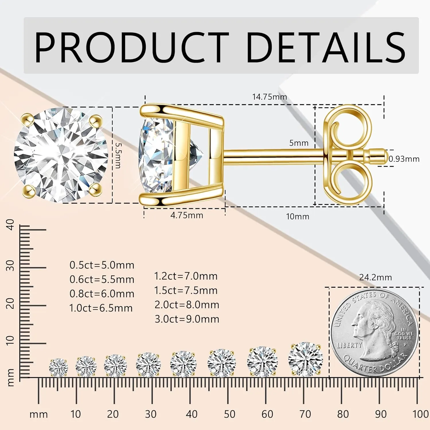 Moissanite Earrings, 2ct 6.5mm D Color Round Brilliant Cut Lab Created Moissanite Earrings 18K Yellow Gold Plated Sterling Silver Push Back for Women Girls Men