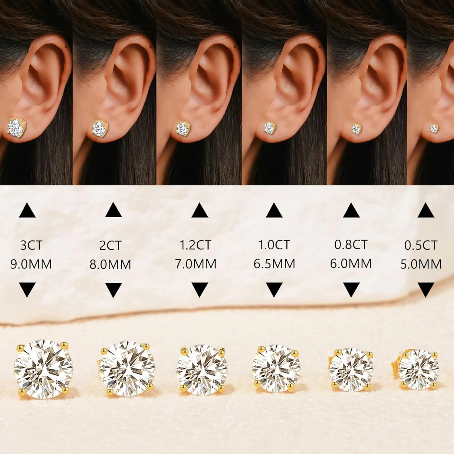 Moissanite Earrings, 2ct 6.5mm D Color Round Brilliant Cut Lab Created Moissanite Earrings 18K Yellow Gold Plated Sterling Silver Push Back for Women Girls Men