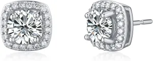 Moissanite Earrings 2ct D Color Brilliant Round Cut Halo Moissanite Simulated Diamond Stud Earrings for Women 18K White Gold Plated Silver