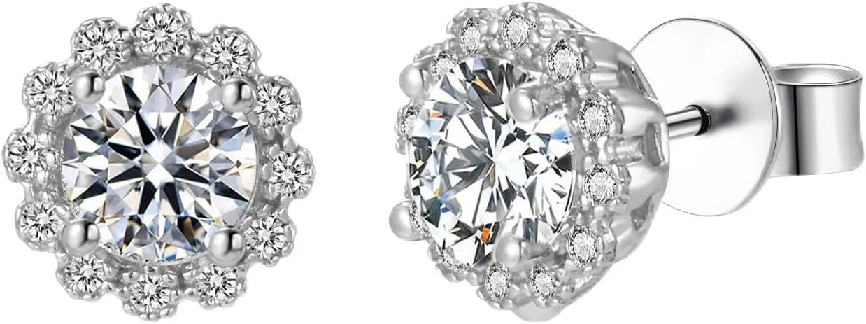 Moissanite Earrings for Women, 925 Sterling Silver Hypoallergenic Earrings Round Brilliant Cut Moissanite Earring for women, 1ct 2ct D Color VVS1 Round Lab Created Diamond Earrings with Certificate of Authenticity
