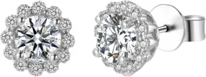 Moissanite Earrings for Women, 925 Sterling Silver Hypoallergenic Earrings Round Brilliant Cut Moissanite Earring for women, 1ct 2ct D Color VVS1 Round Lab Created Diamond Earrings with Certificate of Authenticity