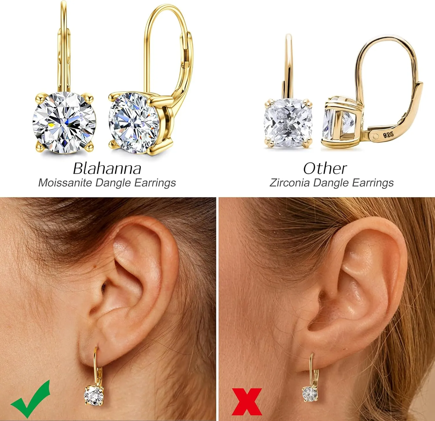 Moissanite Earrings,1.0ct-2.0ct D Color Brilliant Round Cut Lab Created Diamond Earrings 18K White Gold Plated Sterling Silver Dangle Earrings Moissanite Leverback Drop Earrings