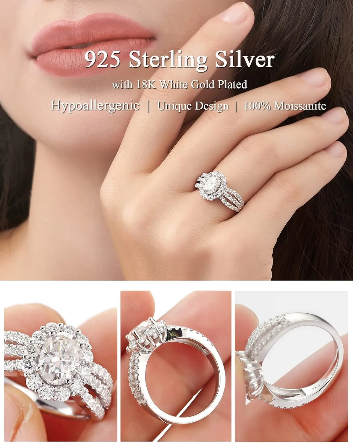 Moissanite Engagement Rings for Women, D Color VVS1 Lab Created Simulated Diamond Moissanite Rings for Women S925 Sterling Silver with 18K White Gold Plated Wedding Rings