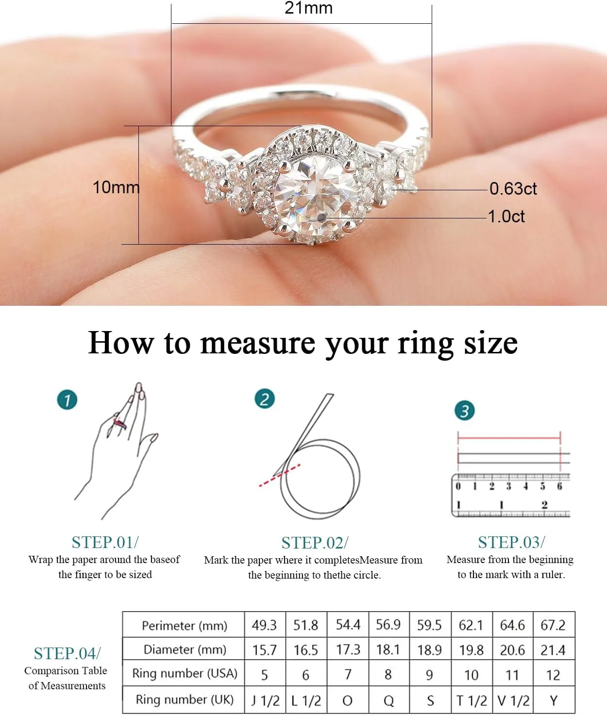 Moissanite Engagement Rings for Women, D Color VVS1 Lab Created Simulated Diamond Moissanite Rings for Women S925 Sterling Silver with 18K White Gold Plated Wedding Rings