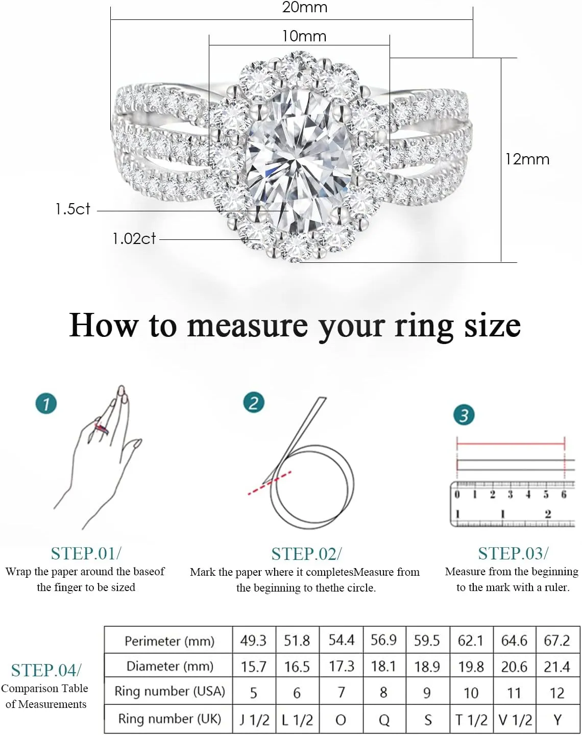 Moissanite Engagement Rings for Women, D Color VVS1 Lab Created Simulated Diamond Moissanite Rings for Women S925 Sterling Silver with 18K White Gold Plated Wedding Rings
