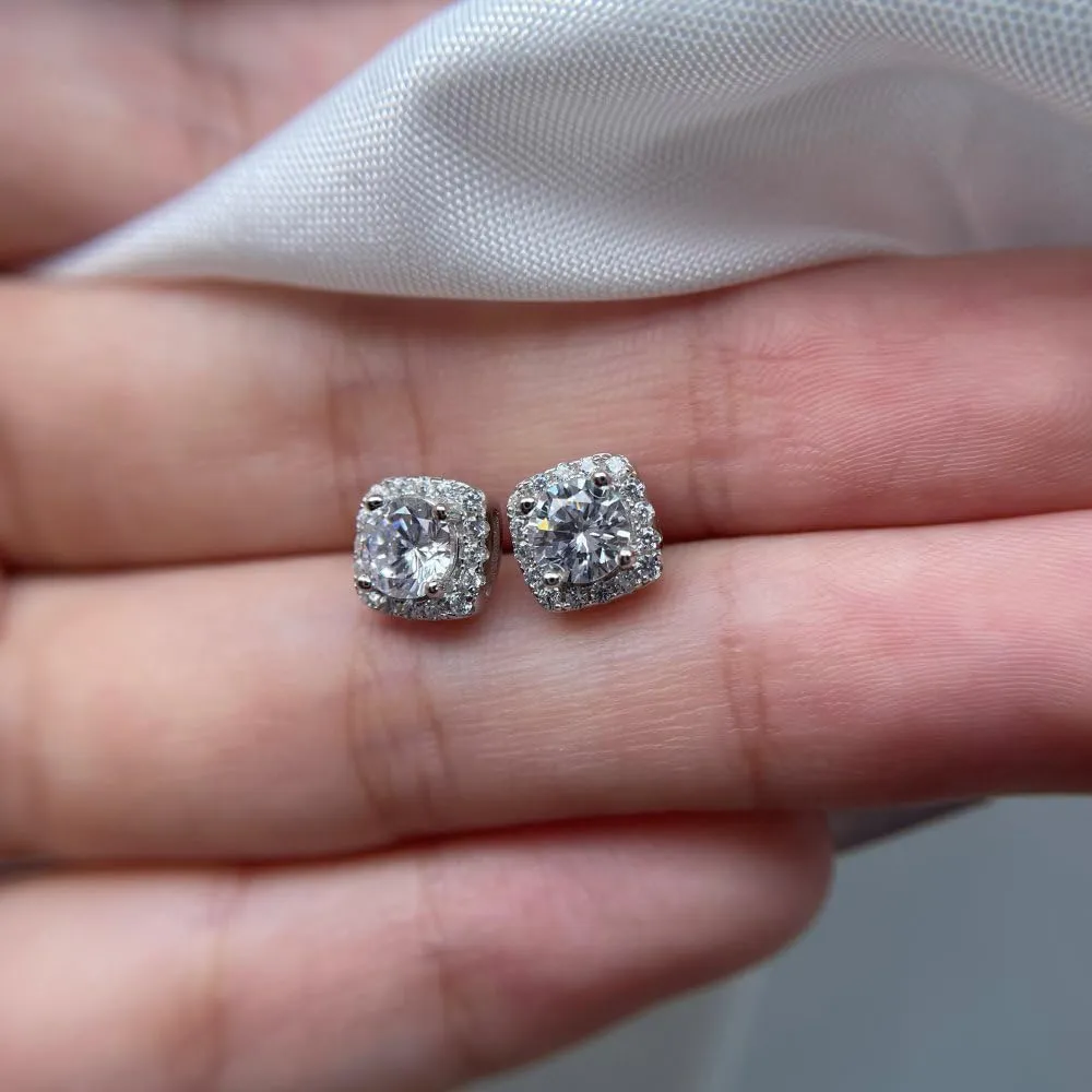 Moissanite Halo Earrings Stud Screw Back 18K White Gold Plated Sterling Silver Lab Round Cut Brilliant Moissanite Diamond Stud Earrings for Women Men (GYpsophila)