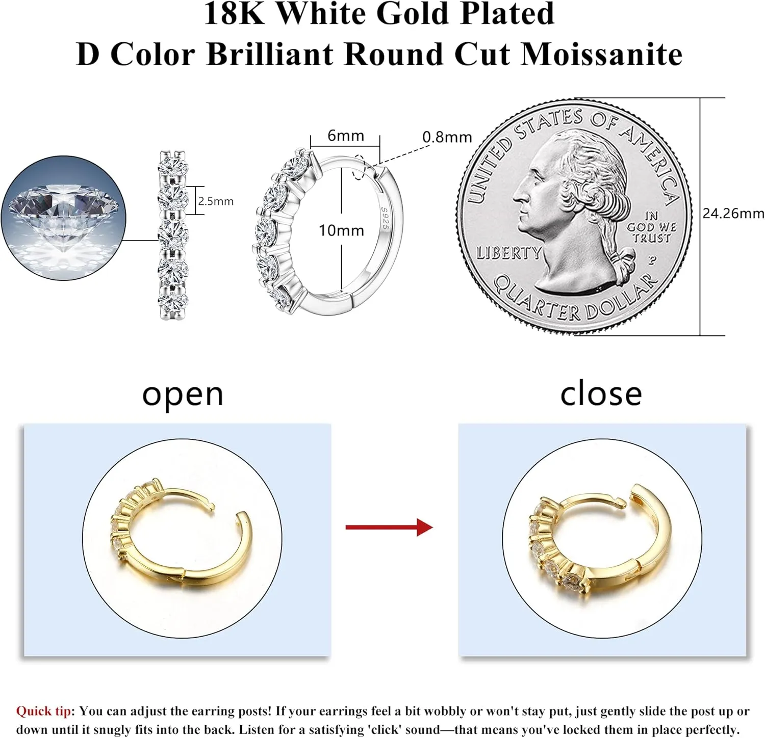 Moissanite Huggie Hoop Earrings - 0.06ct D Color VVS1 Lab Created Diamond Earrings in 18K White Gold Plated Sterling Silver - Dainty Small Women's & Men's Huggie Hoops
