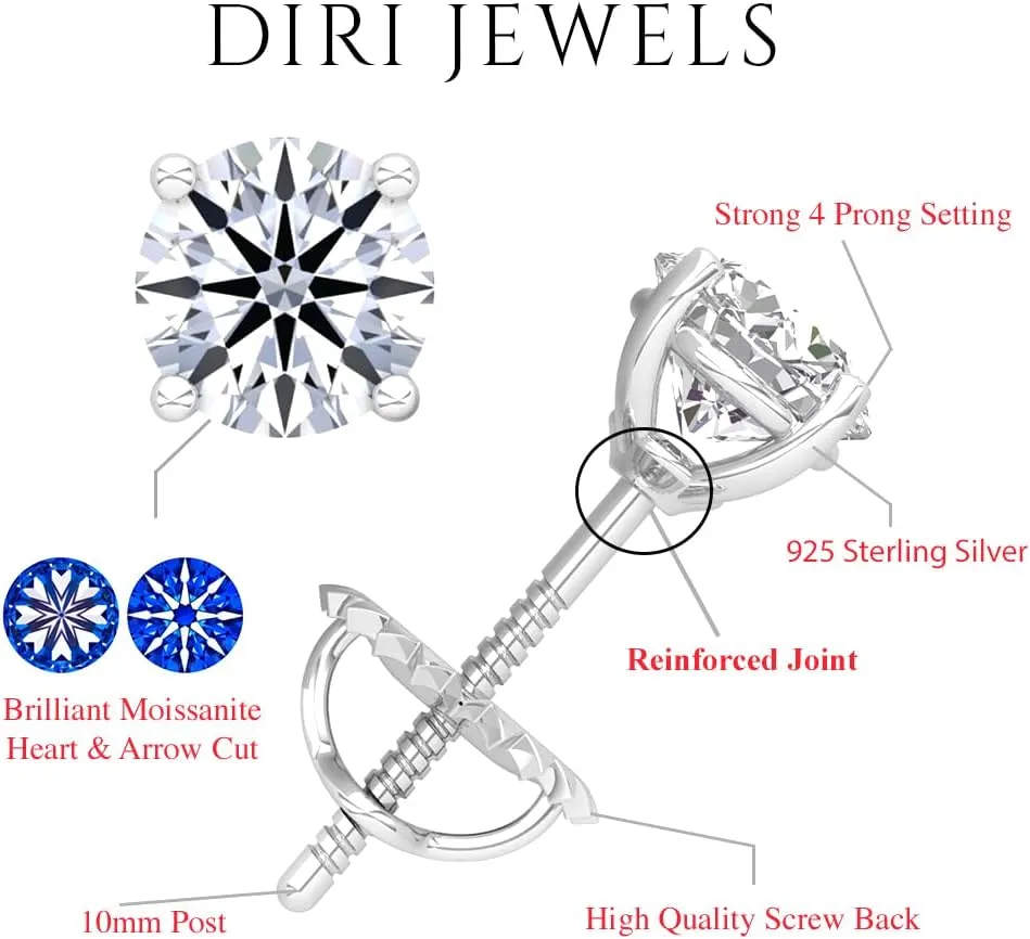 Moissanite Stud Earrings, 0.5ct-3ct D color VVS1 Clarity Round Brilliant Cut Moissanite 14K White Gold Plated 925 Sterling Silver Simulated Diamond Earrings