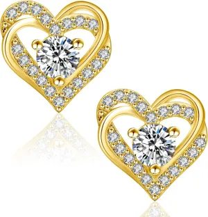 Moissanite Stud Earrings, 0.6ct-2ct Brilliant Heart Shape Lab Created Diamond Earrings, D Color VVS1 Clarity, White Gold Plated Silver Friction Back for Women