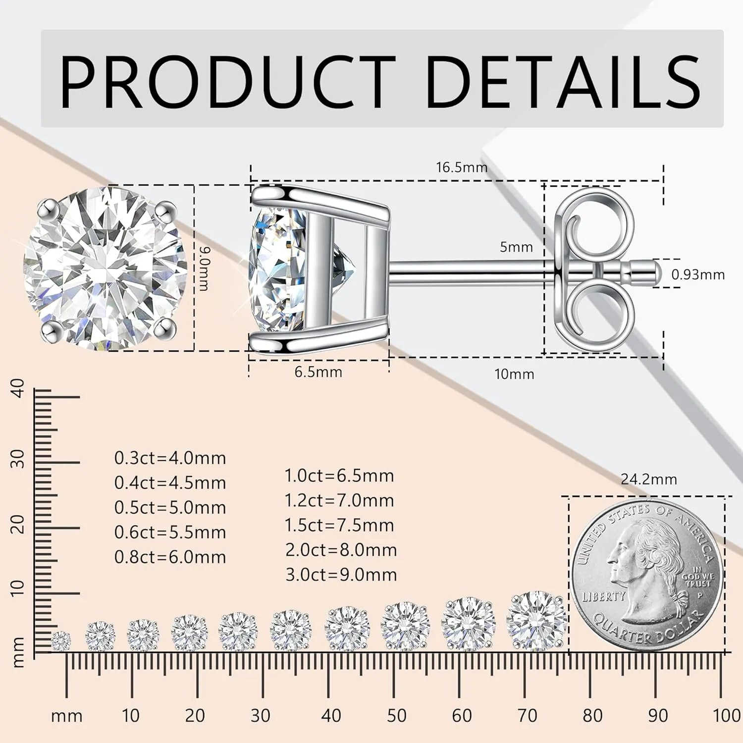 Moissanite Stud Earrings, 0.6ct-2ct DF Color Brilliant Round Cut Lab Created Moissanite Earrings 18K White Gold Plated Silver Friction Back for Women Men