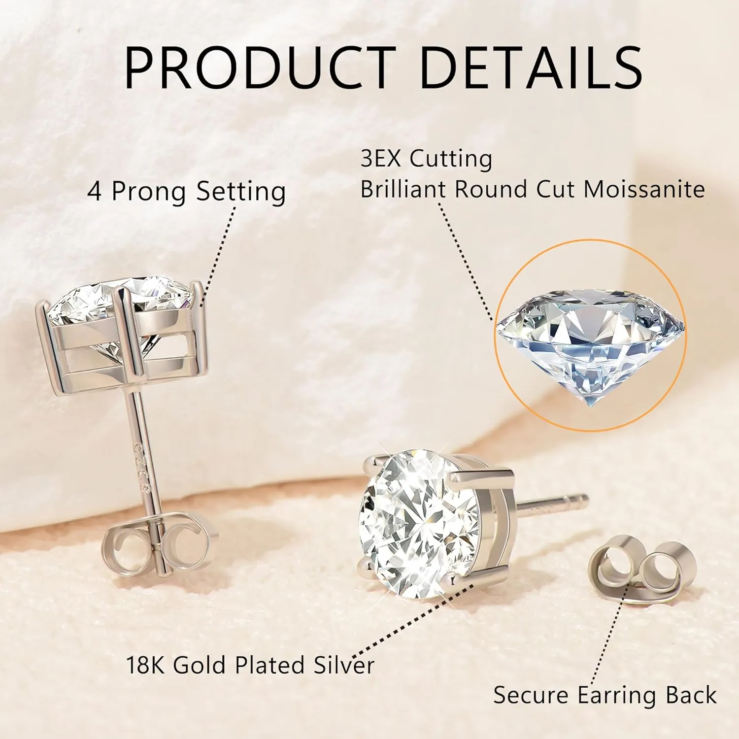 Moissanite Stud Earrings, 0.6ct-2ct DF Color Brilliant Round Cut Lab Created Moissanite Earrings 18K White Gold Plated Silver Friction Back for Women Men