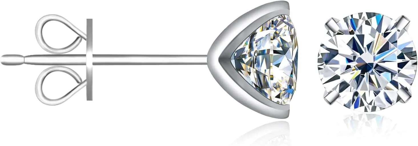 Moissanite Stud Earrings, 0.6ct-4ct D Color Brilliant Round Cut 925 Sterling Silver Friction Bezel Setting Backs Earrings for Women or Men
