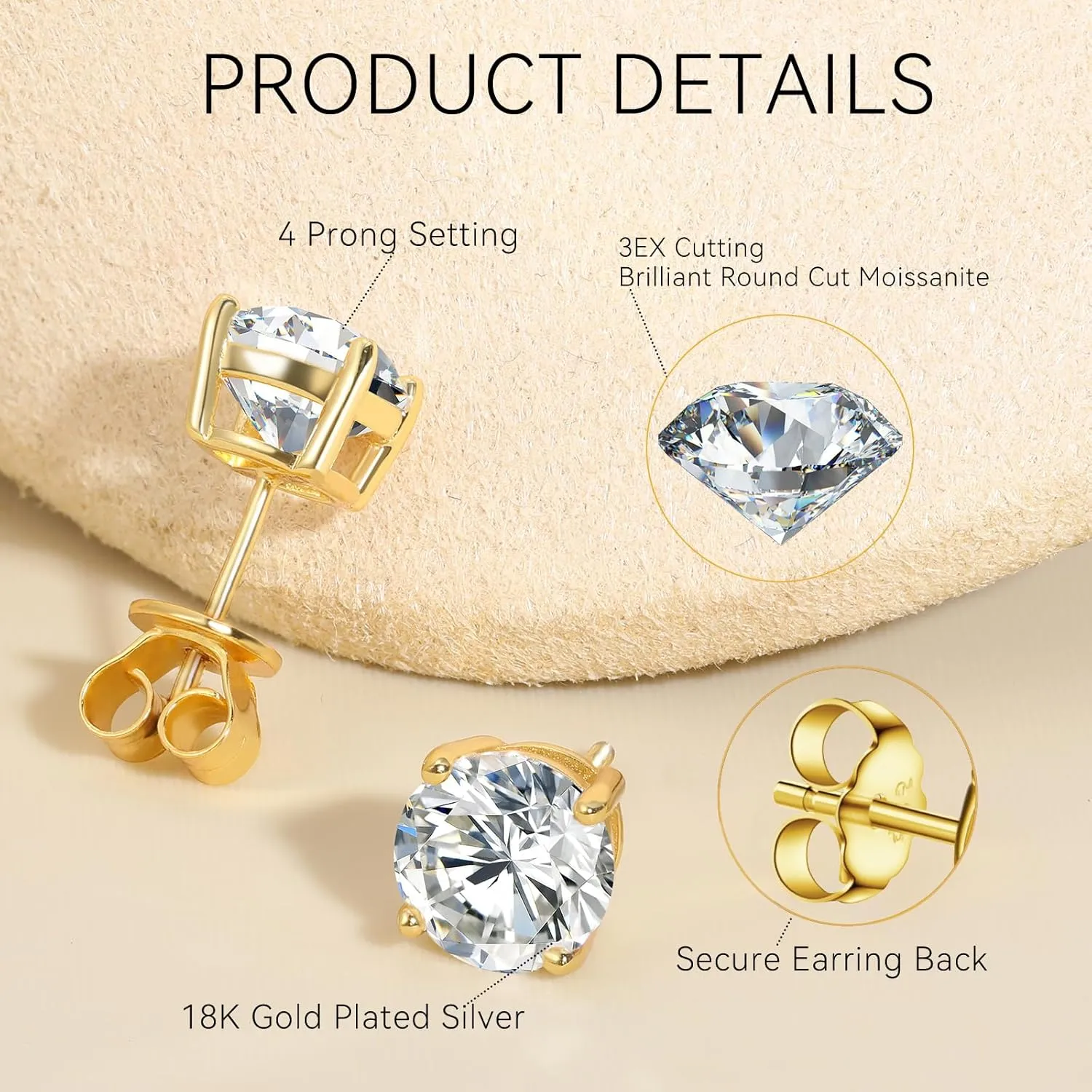 Moissanite Stud Earrings for Women, 0.2CT-8.0CT a Pair 18K White Yellow Gold Plated S925 Sterling Silver D Color VVS1 Clarity Brilliant Round Cut Hypoallergenic Anniversary Day Gifts for Women Men
