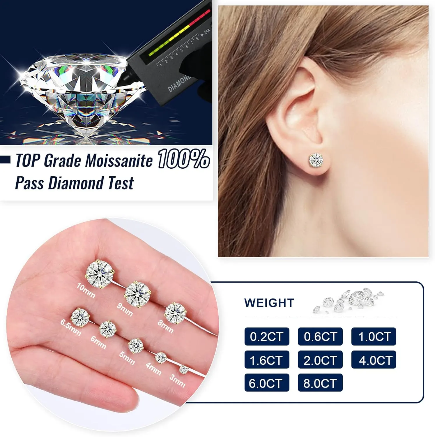 Moissanite Stud Earrings for Women, 0.2CT-8.0CT a Pair 18K White Yellow Gold Plated S925 Sterling Silver D Color VVS1 Clarity Brilliant Round Cut Hypoallergenic Anniversary Day Gifts for Women Men
