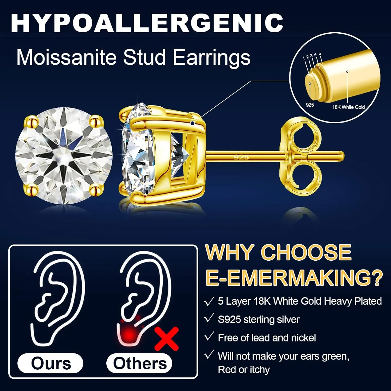 Moissanite Stud Earrings for Women, 0.2CT-8.0CT a Pair 18K White Yellow Gold Plated S925 Sterling Silver D Color VVS1 Clarity Brilliant Round Cut Hypoallergenic Anniversary Day Gifts for Women Men