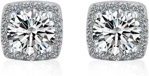 Moissanite Stud Earrings for Women 1-2CT 925 Sterling Silver Square Halo Round Cut D Color VVS1 Brilliant with 18K White Gold Plating Earrings for Women