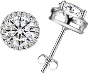 Moissanite Stud Earrings Halo Stud Earrings Brilliant Round Cut D Color VVS1 Clarity Lab Created Diamond Earrings 18K White Gold Plated Hypoallergenic Sterling Silver Moissanite Stud Earrings