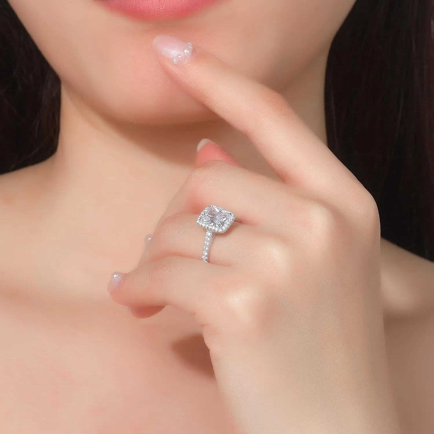 Molah 3CT Cushion Halo Emerald Cut Engagement 925 Silver Cubic Zirconia CZ Rings Wedding Party Statement Cocktails Classic