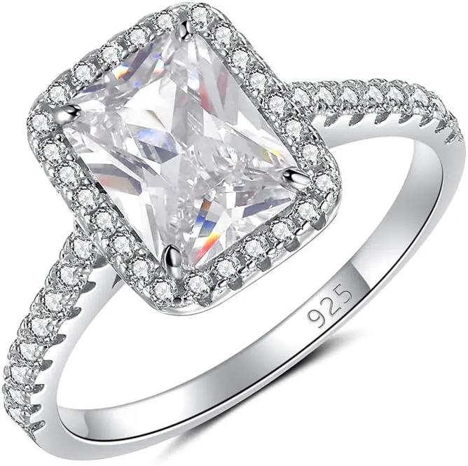 Molah 3CT Cushion Halo Emerald Cut Engagement 925 Silver Cubic Zirconia CZ Rings Wedding Party Statement Cocktails Classic