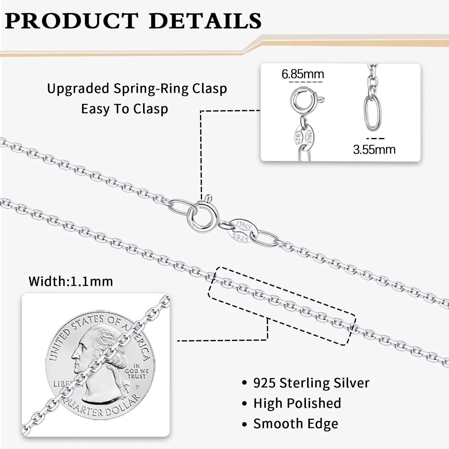 Momlovu Solid 18k Gold Over 925 Sterling Silver Chain Necklace for Women, 1.1mm Cable Chain Hypoallergenic Replacement Necklace, Sturdy&Shiny Women's Chain Necklaces 14/16/17/18/20/22/24 Inch