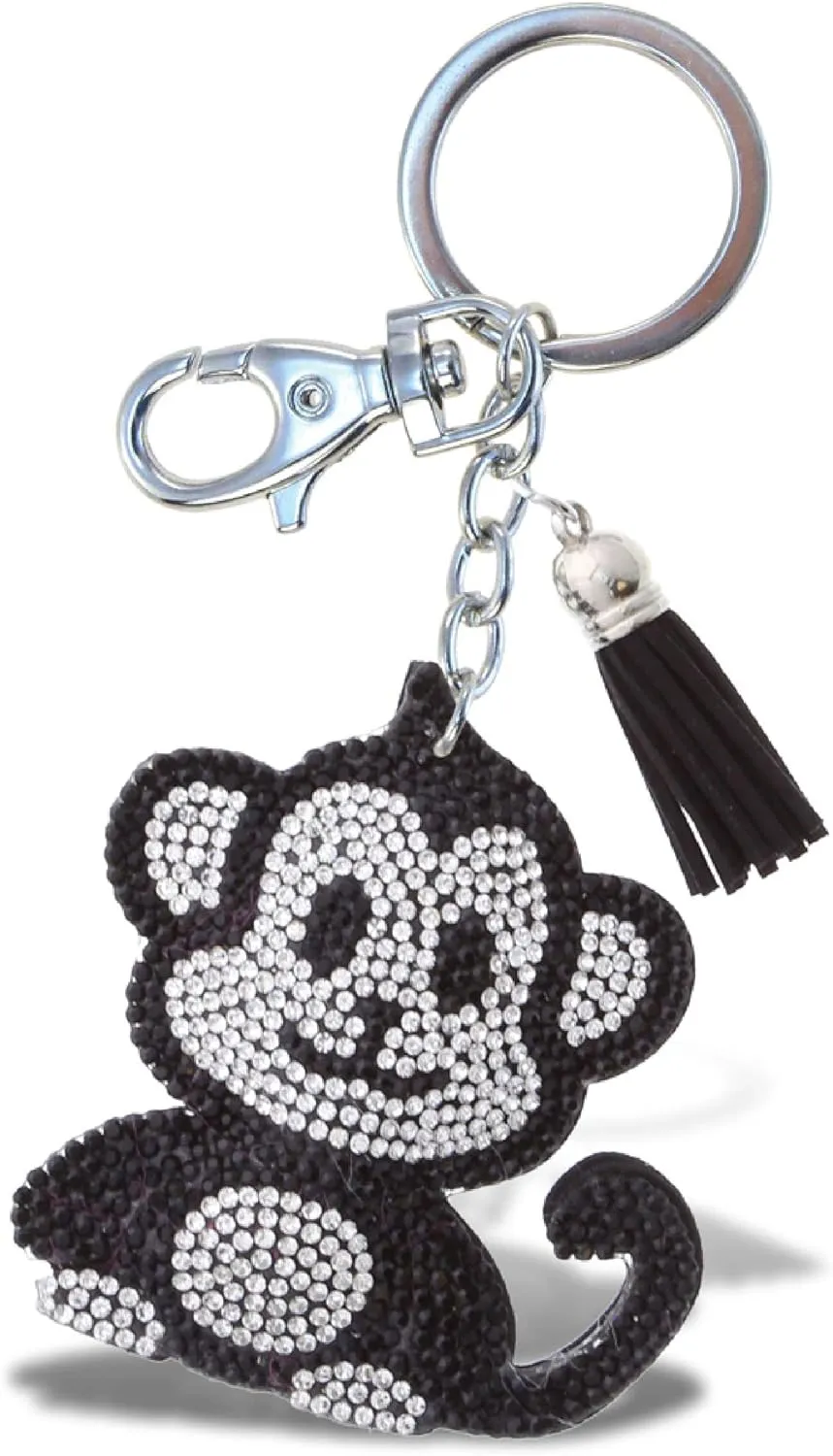 Monkey Keychain - Black Sparkling Rhinestones Charm with Tassel, Fashionable Stylish Polyester PU Wild Life Key Ring Bling Jewelry Accessory with Clasp