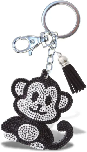Monkey Keychain - Black Sparkling Rhinestones Charm with Tassel, Fashionable Stylish Polyester PU Wild Life Key Ring Bling Jewelry Accessory with Clasp