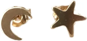 Moon and Star Mismatched Gold Stud Earrings - hypoallergenic