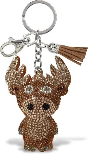 Moose Keychain - Brown Sparkling Rhinestones Charm with Tassel, Fashionable Stylish Polyester PU Wild Life Key Ring Bling Jewelry Accessory with Clasp For Key Chain, Bag, Purse and Backpack