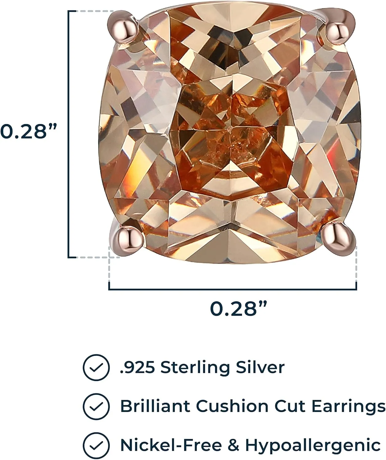 MORGAN & PAIGE .925 Sterling Silver Platinum or 14k Rose Gold Plated Cushion Brilliant Cut 7mm Cubic Zirconia Earrings Studs, 4 Prong Setting Butterfly-Back Hypoallergenic Stud Earrings for Women