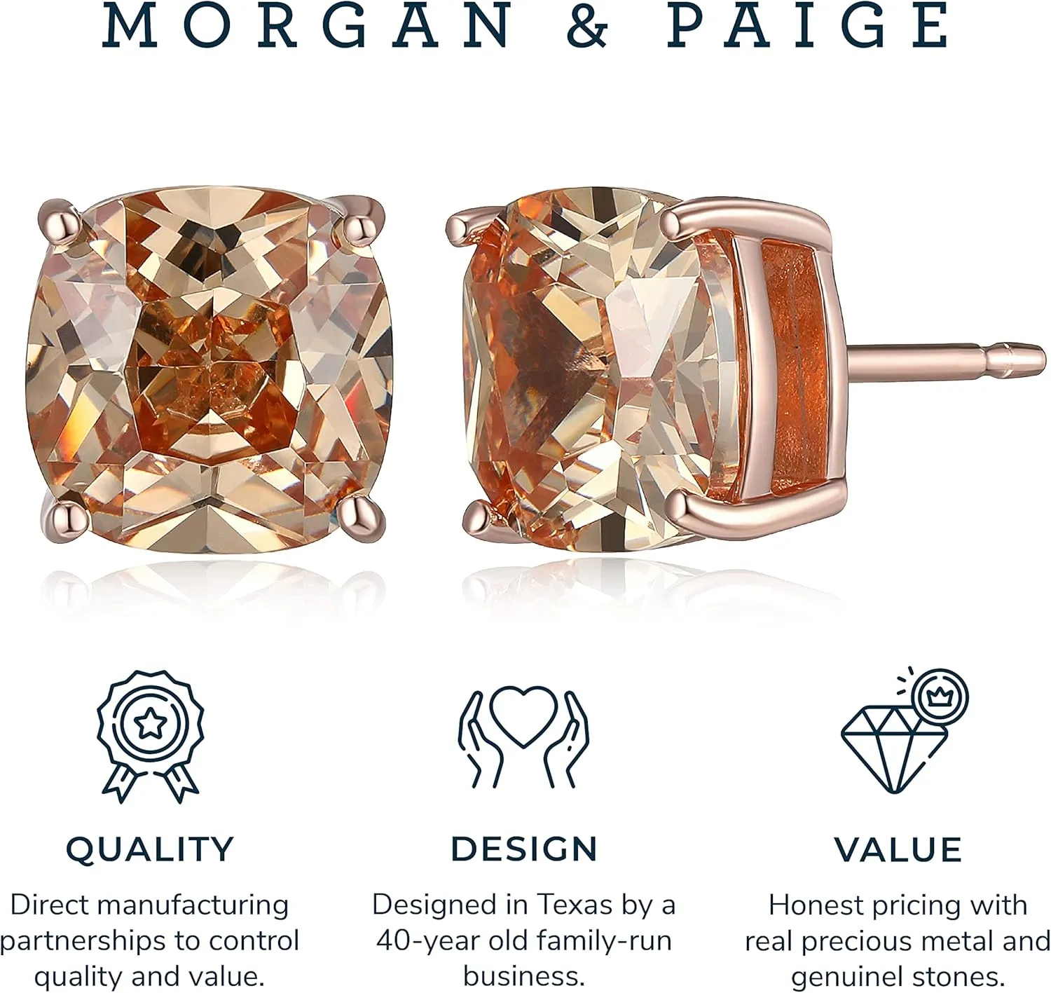 MORGAN & PAIGE .925 Sterling Silver Platinum or 14k Rose Gold Plated Cushion Brilliant Cut 7mm Cubic Zirconia Earrings Studs, 4 Prong Setting Butterfly-Back Hypoallergenic Stud Earrings for Women