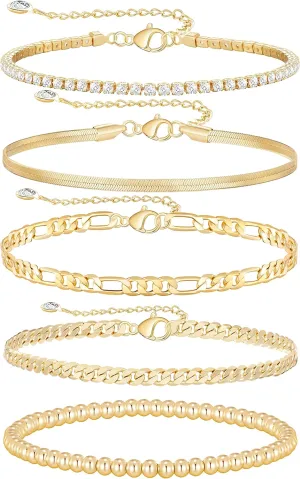 MOROTOLE 5PCS 14K Gold Plated Bracelets Set for Women Men Adjustable Hypoallergenic Stackable Stretch Bracelet Cuban Chunky Flat Link Chain Beaded Punk Gold Bracelets Jewelry Gifts for Women