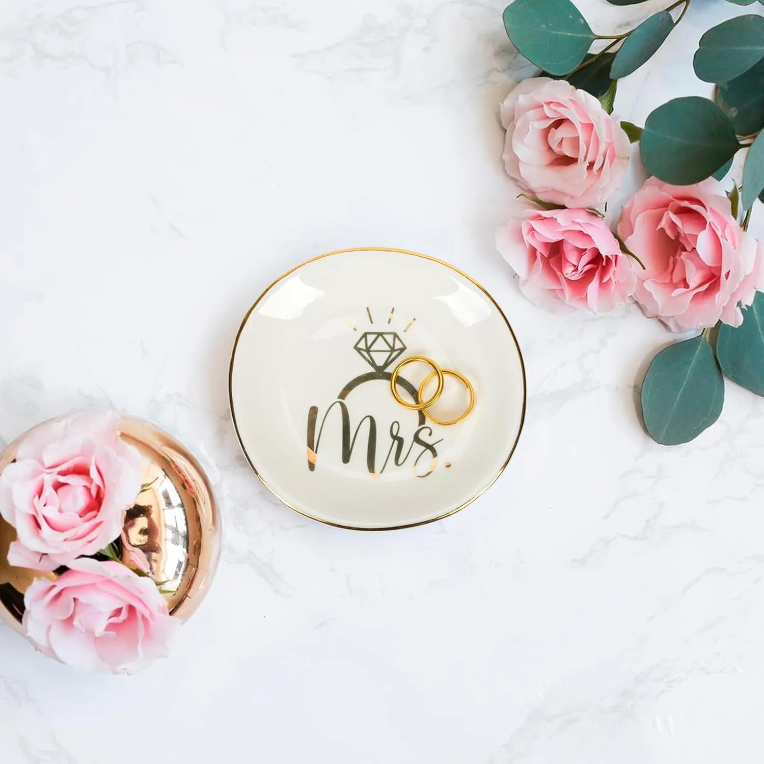 Mrs Engagement-Ring-Dish Wedding-Ring-Dish-Holder Ceramic-Jewelry-Tray for Fiance Bridal Her Women Ladies Girls