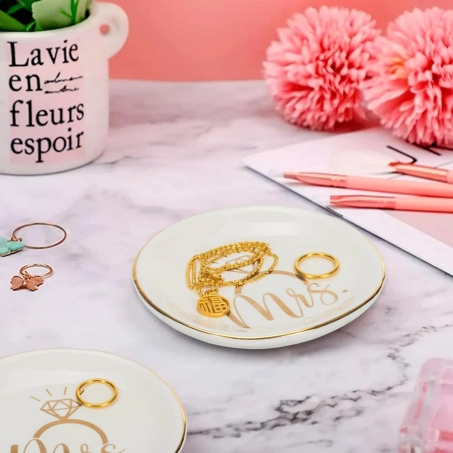 Mrs Engagement-Ring-Dish Wedding-Ring-Dish-Holder Ceramic-Jewelry-Tray for Fiance Bridal Her Women Ladies Girls