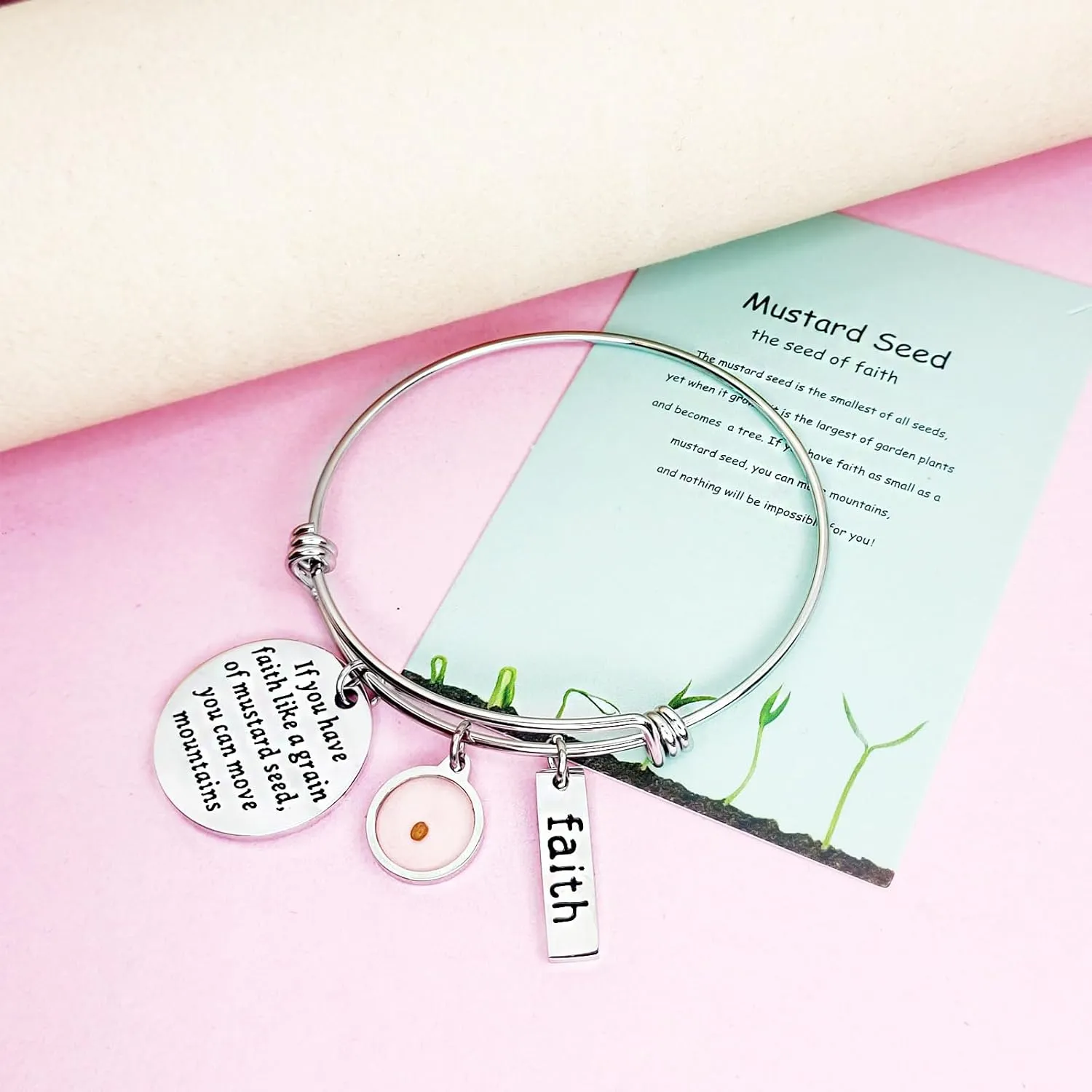 Mustard Seed Faith Cross Christian Bracelet Religious Charm Bangle Bracelets Jewelry Gift for Women