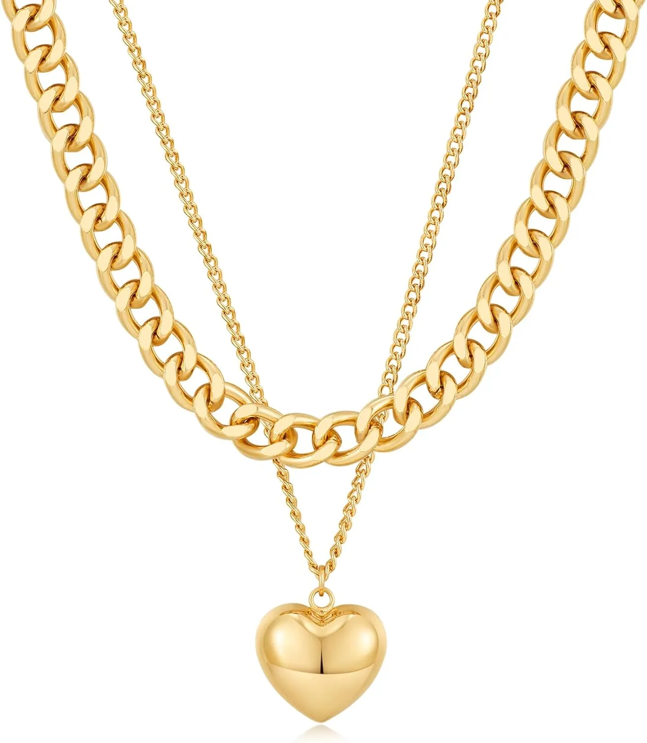 MUYAN Gold Plated Heart Charm Chain Necklace Double Layered Gold Chunky Chain Necklace Birthday Holiday Jewelry for Women