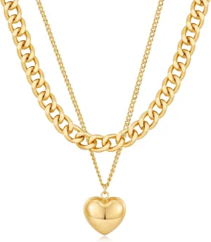 MUYAN Gold Plated Heart Charm Chain Necklace Double Layered Gold Chunky Chain Necklace Birthday Holiday Jewelry for Women