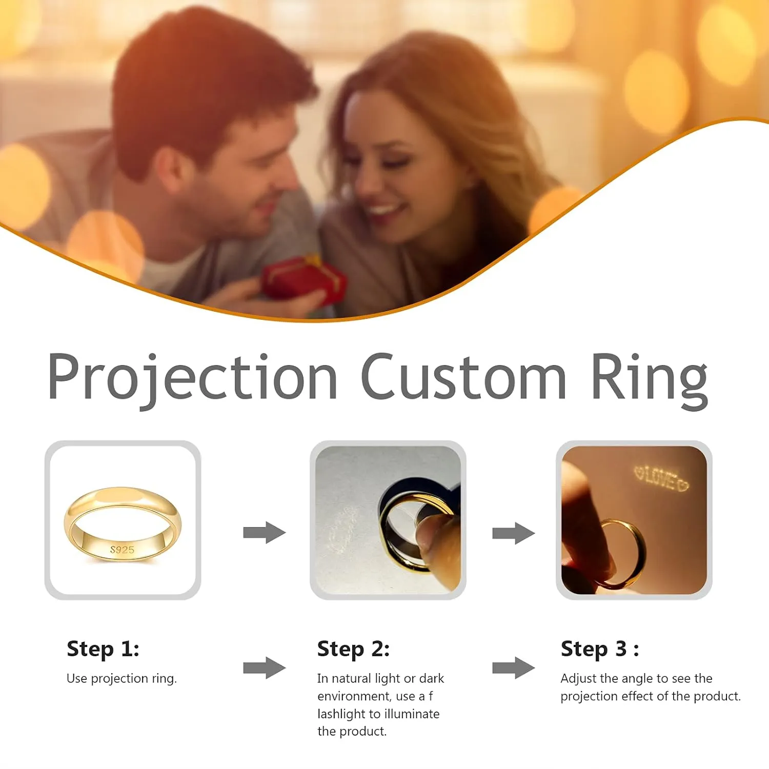 Nameinhea Personalized Love Promise Rings for Her Sterling Silver Ring Projection Love Pattern Ring for Women Men Custom Simple and Stylish Rings