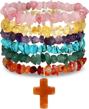 Natural Chip Stone Beaded Bracelet Multicolor Irregular Healing Crystal Stone Cross Charms Stretch Bracelets Stackable Elastic Layering Friendship Bracelets Set for Women Men