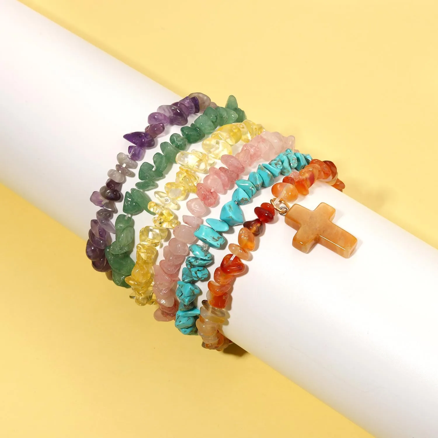 Natural Chip Stone Beaded Bracelet Multicolor Irregular Healing Crystal Stone Cross Charms Stretch Bracelets Stackable Elastic Layering Friendship Bracelets Set for Women Men