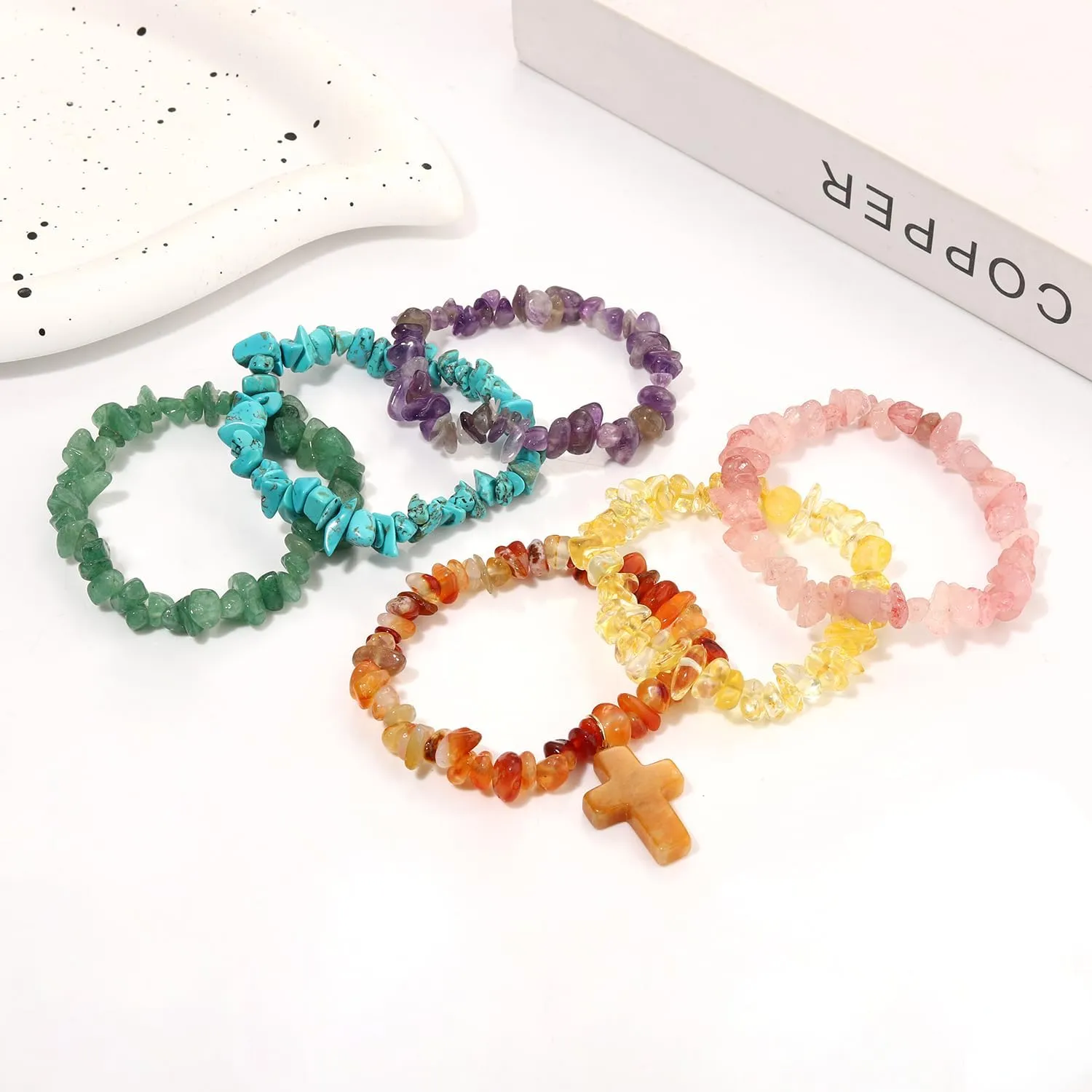 Natural Chip Stone Beaded Bracelet Multicolor Irregular Healing Crystal Stone Cross Charms Stretch Bracelets Stackable Elastic Layering Friendship Bracelets Set for Women Men