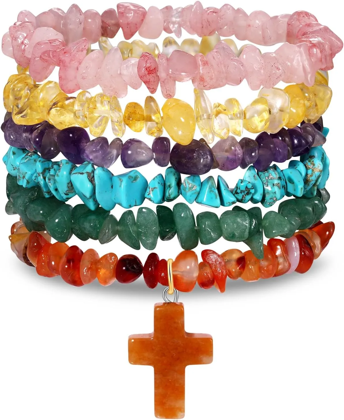 Natural Chip Stone Beaded Bracelet Multicolor Irregular Healing Crystal Stone Cross Charms Stretch Bracelets Stackable Elastic Layering Friendship Bracelets Set for Women Men