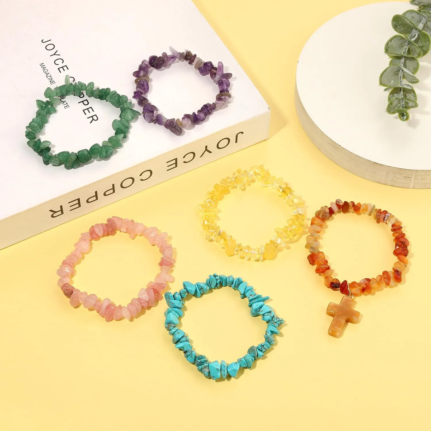 Natural Chip Stone Beaded Bracelet Multicolor Irregular Healing Crystal Stone Cross Charms Stretch Bracelets Stackable Elastic Layering Friendship Bracelets Set for Women Men