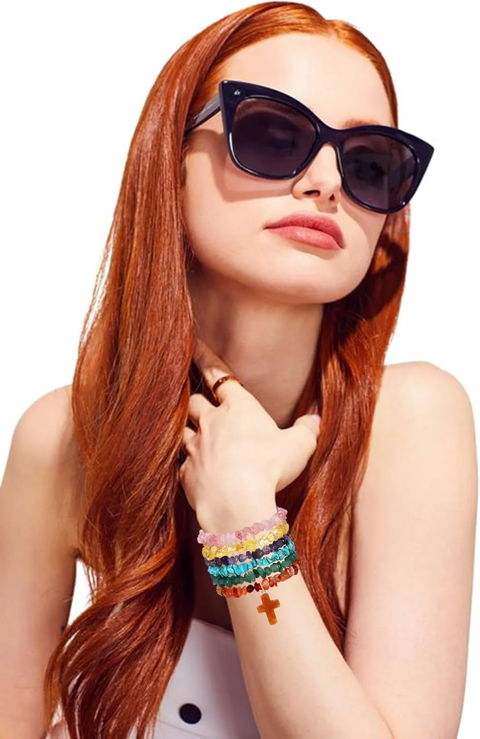 Natural Chip Stone Beaded Bracelet Multicolor Irregular Healing Crystal Stone Cross Charms Stretch Bracelets Stackable Elastic Layering Friendship Bracelets Set for Women Men