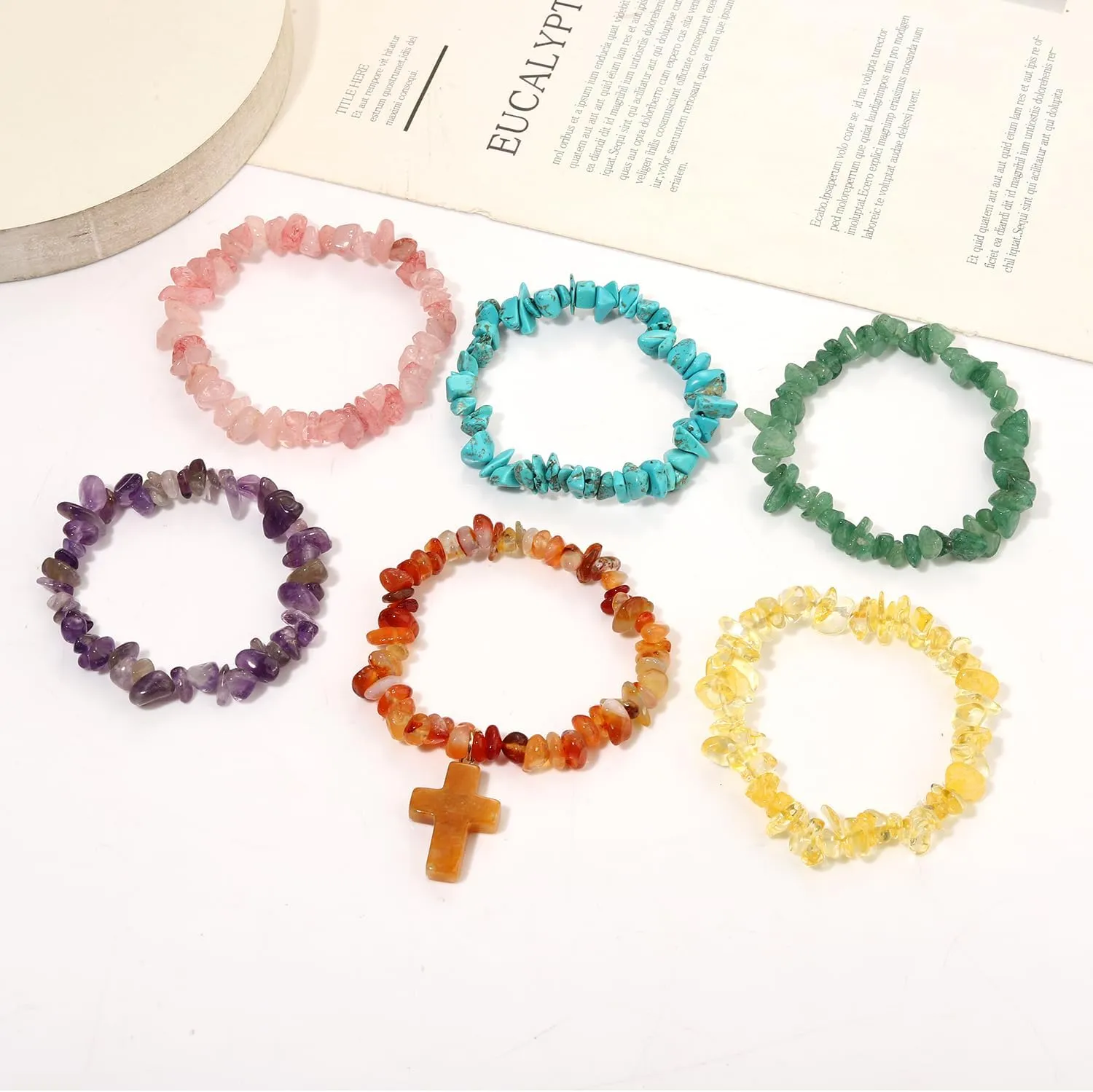 Natural Chip Stone Beaded Bracelet Multicolor Irregular Healing Crystal Stone Cross Charms Stretch Bracelets Stackable Elastic Layering Friendship Bracelets Set for Women Men