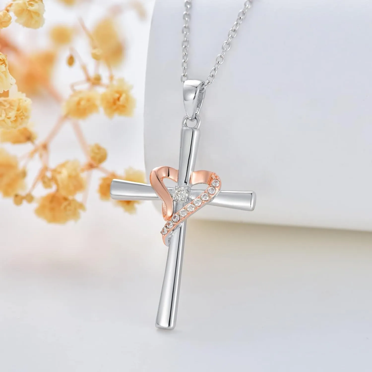 Natural Diamond Cross Pendant Necklace for Women Sterling Silver Round White Diamond Accent Cross Necklace Jewelry Gift for Her